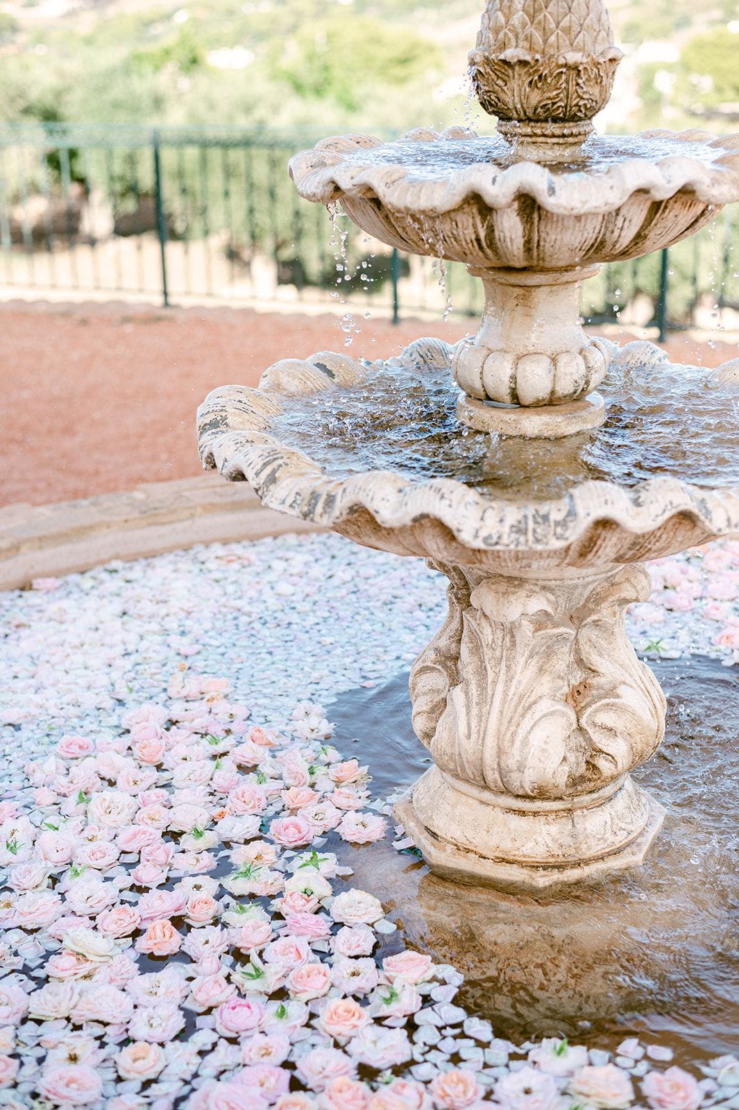 A tiered stone fountain stands in a circular basin, its scalloped bowls spilling water over the rim, while the pool is strewn with small pale pink and cream roses and loose petals floating on the surface. The rose petals and fountain are set against a soft, sunlit backdrop of dry terracotta ground and a dark metal railing with olive trees beyond. This is a wedding flower display for Georges and Marianna at Κτήμα Χατζή in Kerateas, Athens, Greece.