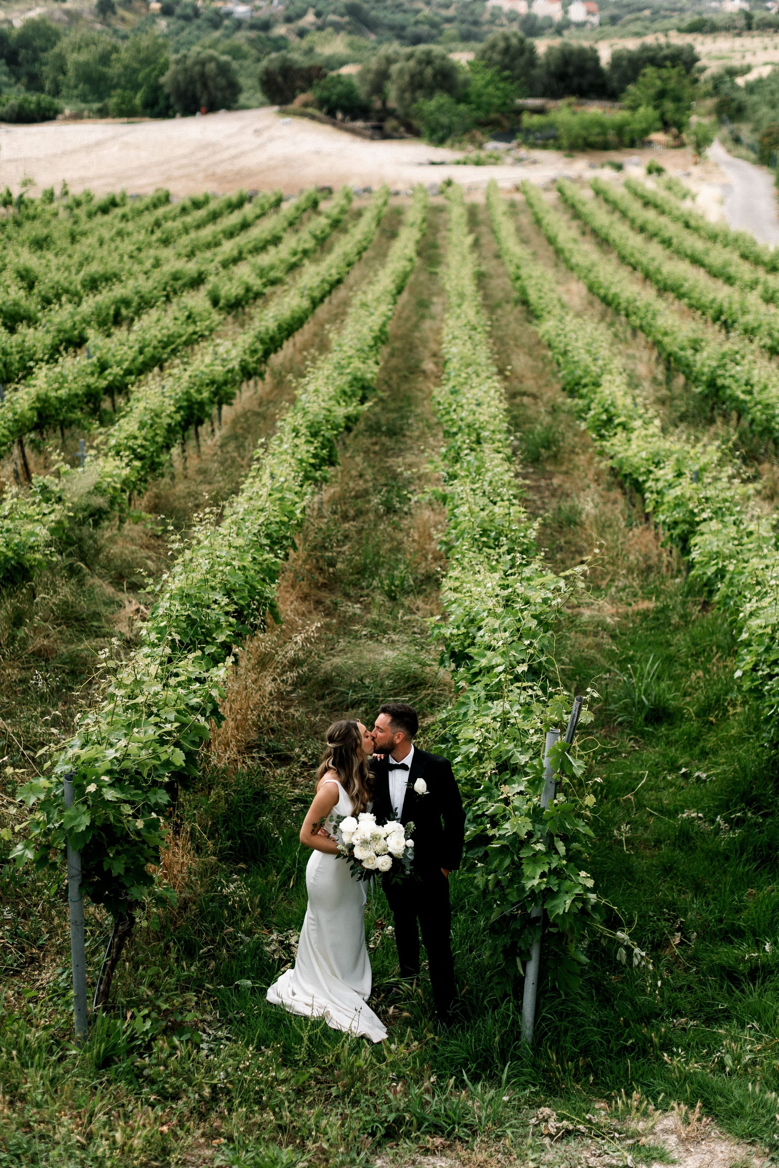 Two people share a kiss at the very bottom edge of the frame, nearly lost among rows of young green grapevines that stretch up a gentle slope toward a pale dirt path and trees. The bride has long, loose hair with a delicate band, and the groom wears a dark suit with short, neatly styled hair. The rows of vines lead the eye into the distance under soft, natural light. This is a wedding photograph taken at Agreco Farms in Greece.