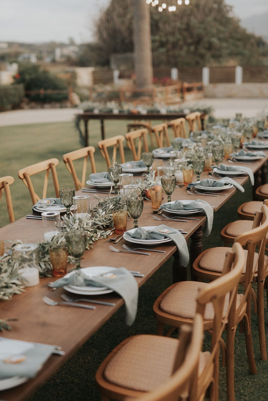 A long wooden farm table set for a wedding dinner outdoors on grass, with cross-back wooden chairs lining both sides. A runner of silvery olive branches, with a few small candles and amber glass tumblers, is laid down the middle, and each place has white plates, sage-green linen napkins and smoky green stemmed glasses. This table-setting is for a wedding in Greece, with a soft, golden evening light that gives a calm, rustic mood.
