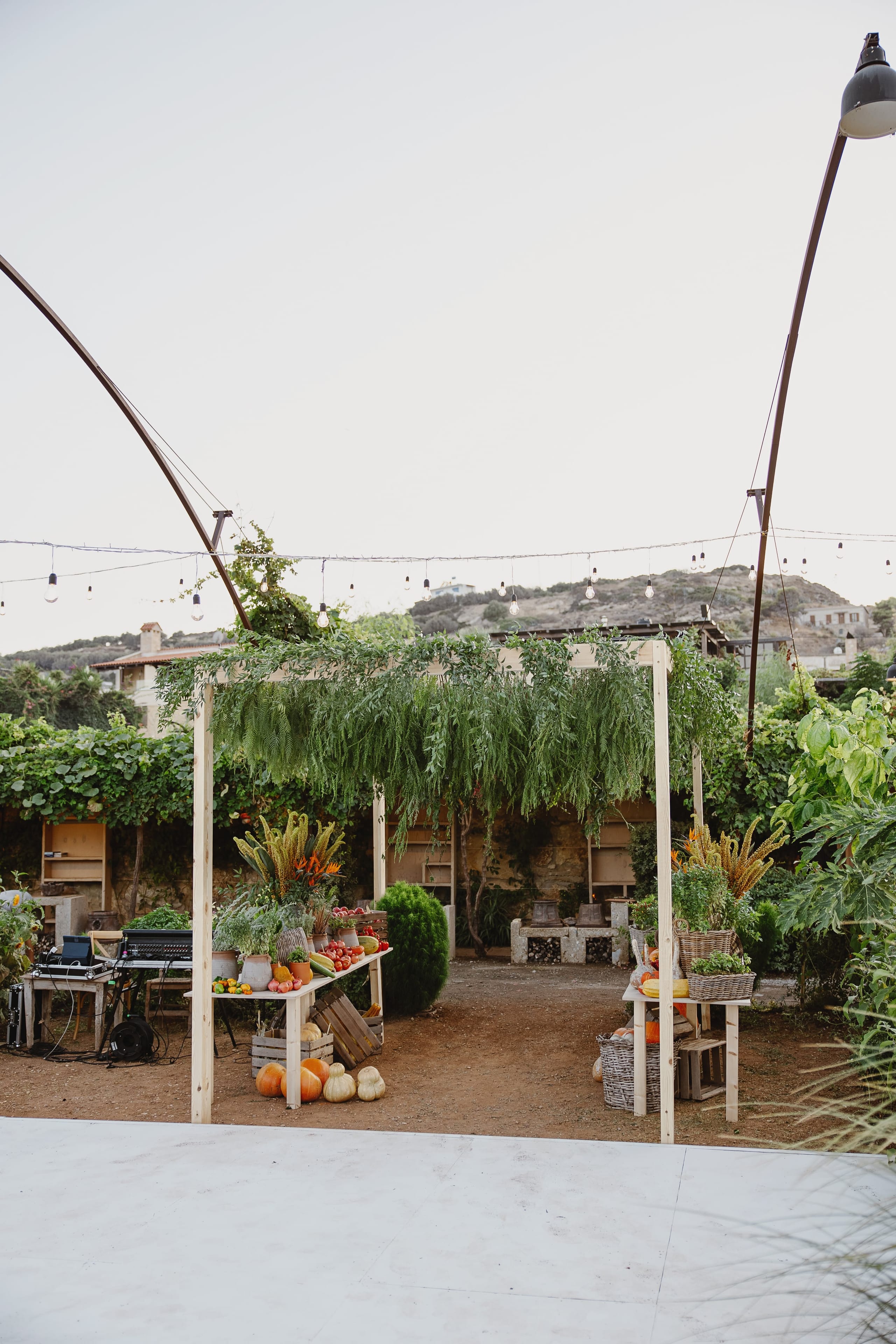A rustic wooden pergola draped with trailing green foliage stands in a sunlit courtyard, flanked by tables laden with pumpkins, squash, tomatoes, peppers and potted herbs in terracotta pots and wicker baskets. Amber wheat sheaves and orange blooms add warmth to the display, while strings of bare bulbs overhead and a stone wall behind frame this event setting in Greece, with a dance floor in the foreground.