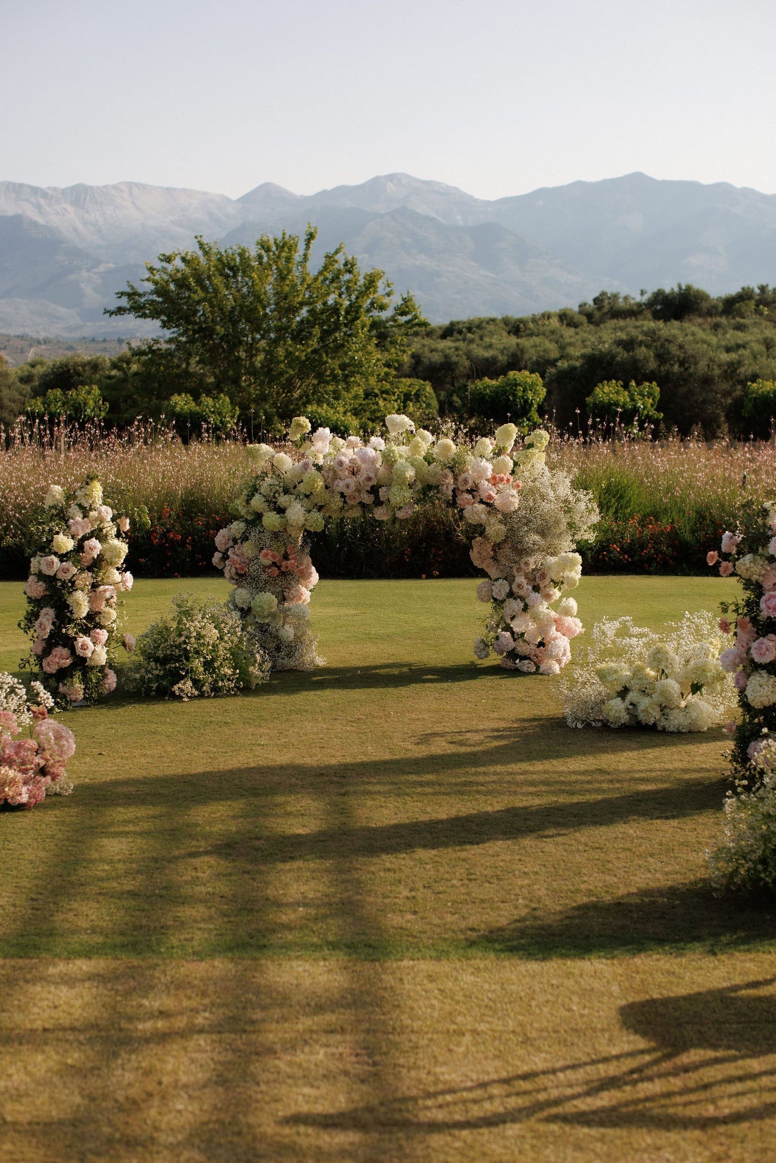 A wedding ceremony arch on a lawn at Ktima Roxani Estate in Crete, Greece, dressed in cream and blush garden roses, white hydrangeas and wispy baby's breath, with a frame of soft pink and ivory blooms rising against a backdrop of tall pink grasses and green olive trees. Pale mountains fade into hazy sky behind it, and long afternoon shadows stretch across the grass toward flower-covered pedestals and low floral arrangements at the sides.
