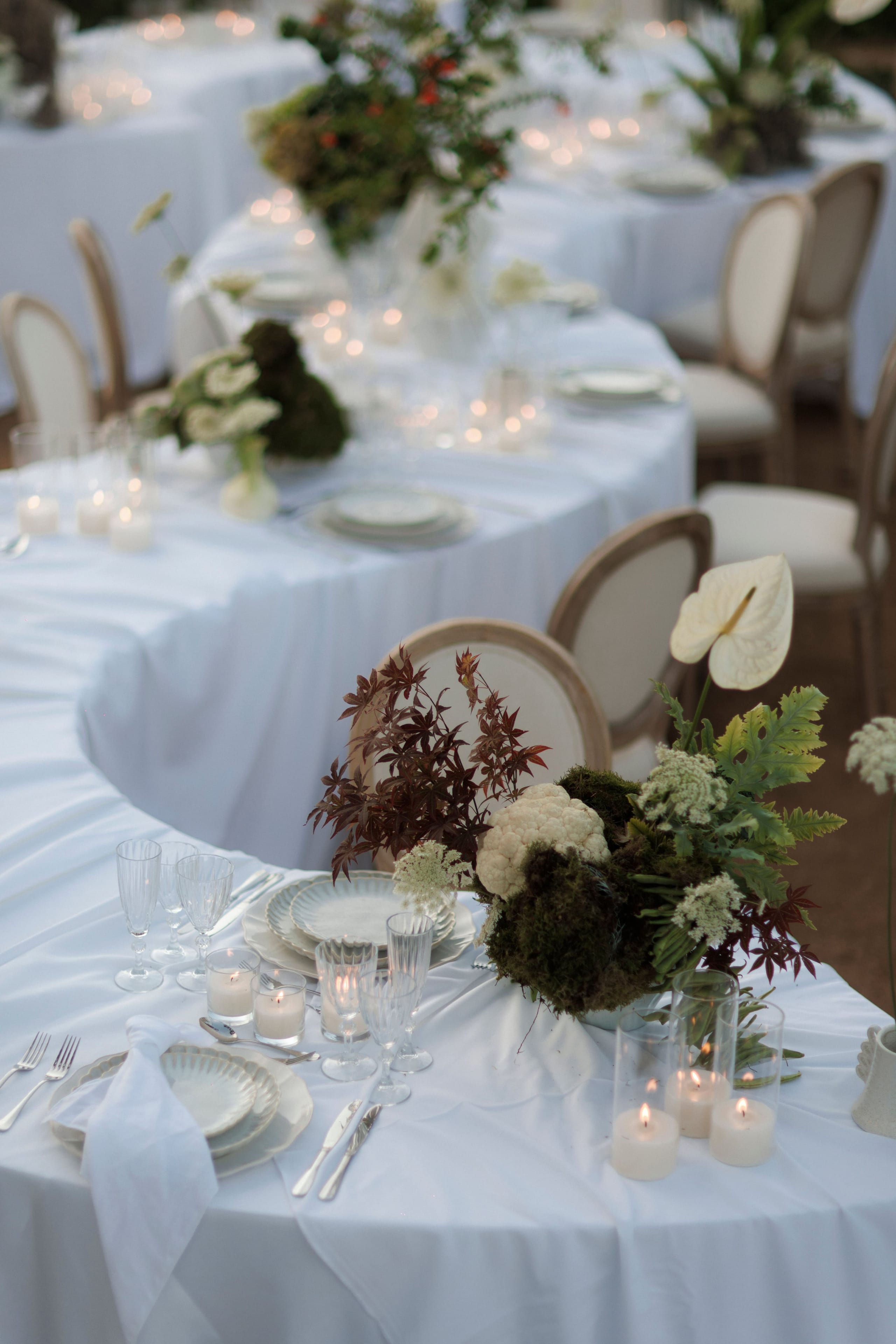 A curving line of white-draped wedding tables stretches into the dusk at Gramboussa Restaurant in Kaliviani, Crete, Greece. In the foreground, a low centrepiece of deep green moss, burgundy Japanese maple sprigs, white cauliflower blooms, lacy white umbellifer flowers and a single white anthurium sits beside clear glass hurricane candles. Cream-backed chairs and glowing tealights along the tables create a soft, intimate, candlelit mood.