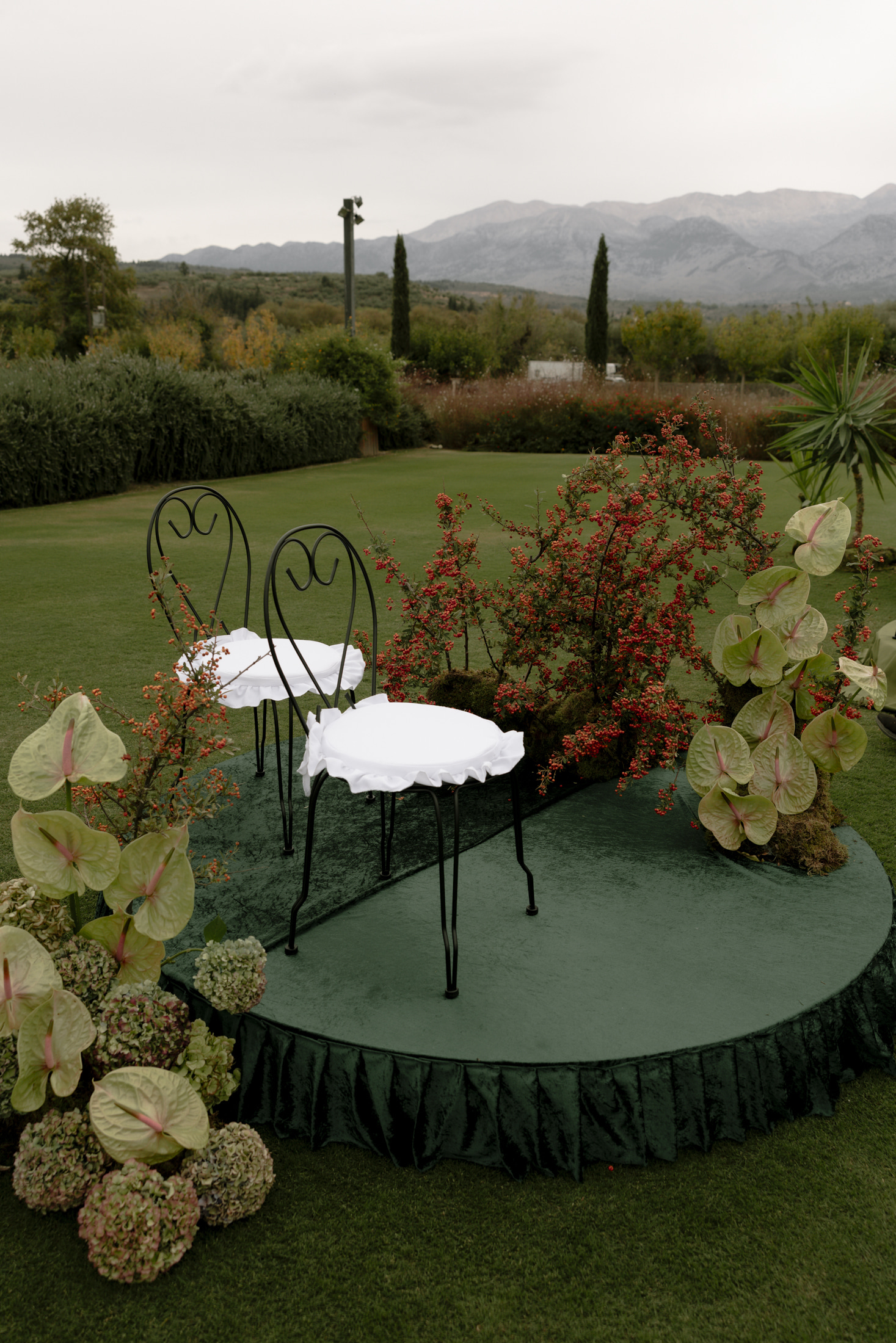 Two black wrought-iron bistro chairs with white frilled seat cushions sit on a round dark green velvet platform in a lawn at Roxani Estate in Greece, set up as a wedding garden vignette. Behind them a tall branch of red berries rises from moss, and green anthurium blooms with pale pink centres spill out at the right and front edge, with pale green hydrangea heads at the lower left. The soft daylight and open green garden in the background give it a calm, romantic feel.
