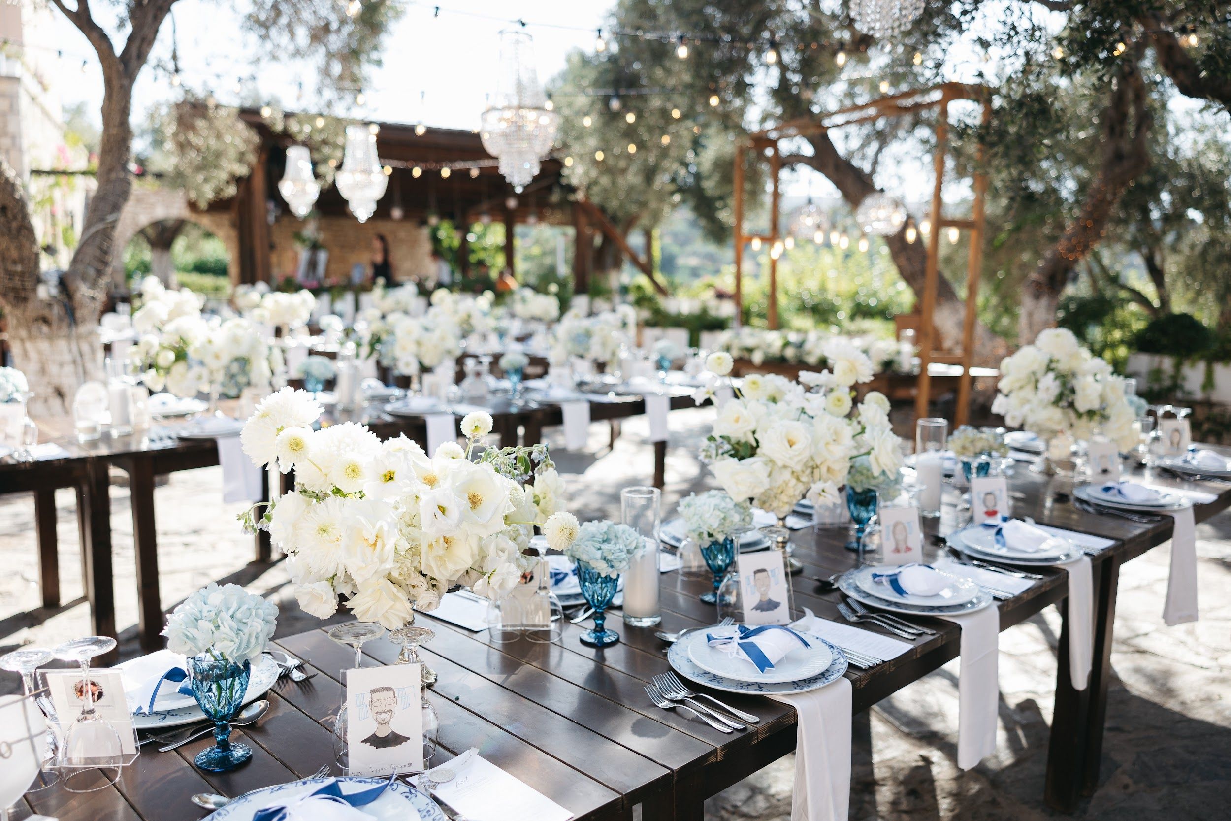 Long rustic wooden banquet tables set for a wedding dinner in an olive grove at Agreco Farm in Greece, dressed in white and pale blue. Low centrepieces of white ranunculus, dahlias and garden roses rise above pale blue hydrangeas in deep blue glass goblets, with white linen runners and blue-and-white china, blue ribbon-tied napkins and caricature place cards. Strings of festoon lights and crystal chandeliers hang among the olive trees, and a timber arch stands in the soft golden light beyond.