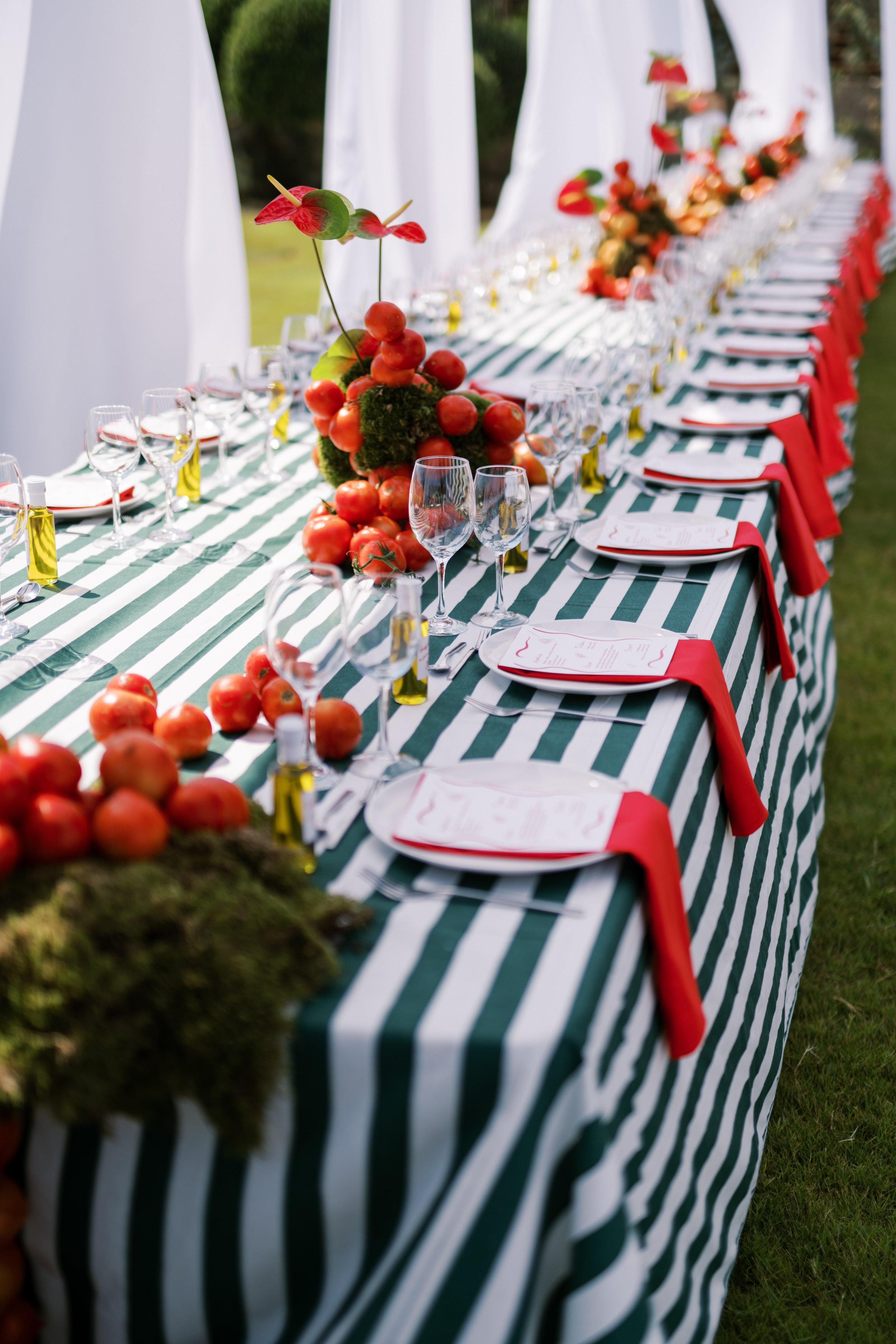 A long outdoor wedding table in Greece, dressed in a green and white striped cloth on grass, with red napkins and white plates set with small printed menu cards. Clusters of ripe red tomatoes sit in moss-covered arrangements down the table, alongside small bottles of olive oil and clear wine glasses, creating a rustic Mediterranean feel at Wine Dark Villas.