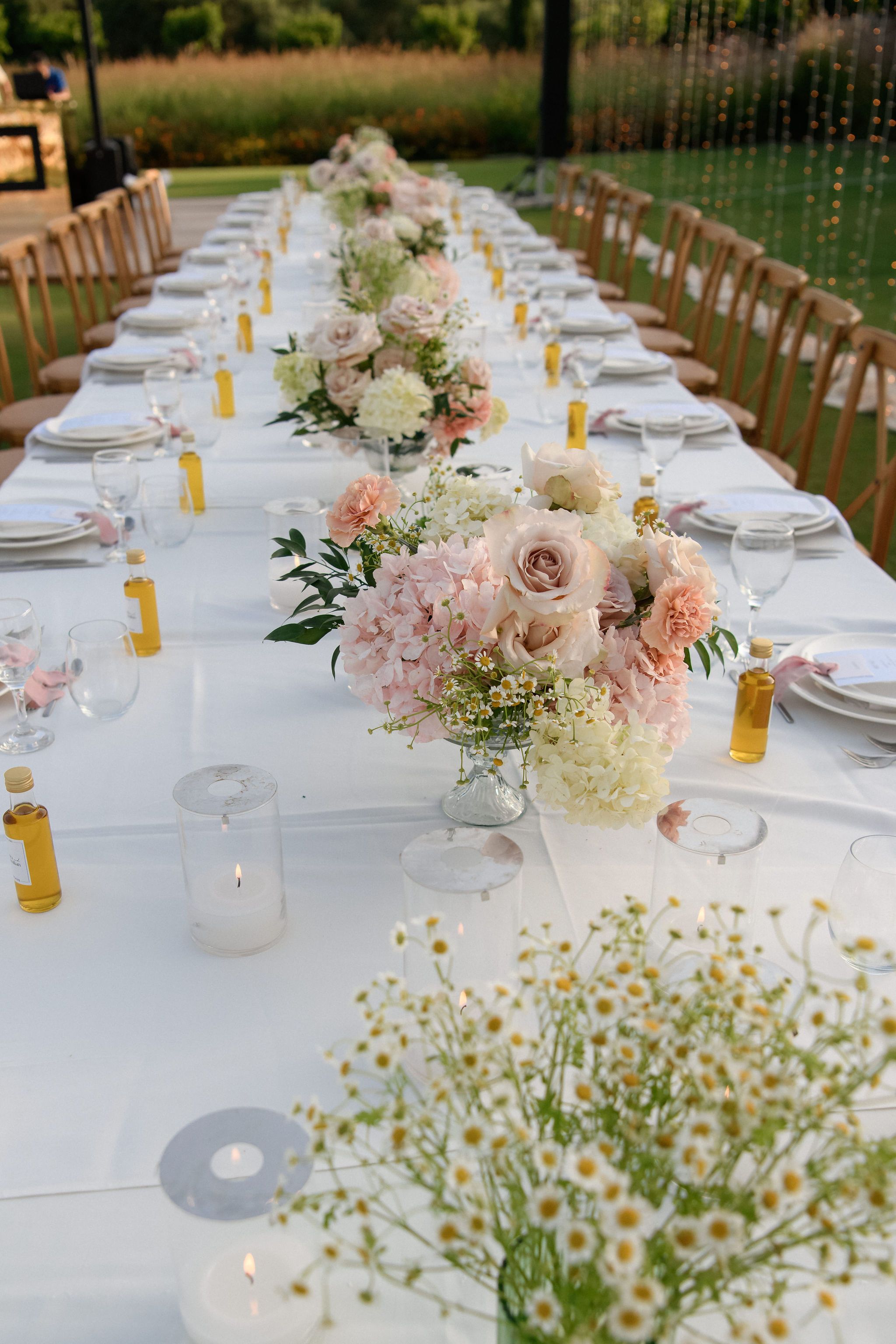 A long outdoor wedding table at Roxani estate in Greece, laid with white linens and a row of low centrepieces of blush garden roses, pale pink hydrangeas, peach carnations and white hydrangea, with small sprigs of white chamomile and green foliage. Slim amber bottles, clear glasses and white plates with pink napkins line the table, and timber cross-back chairs stand along both sides. Beyond, a lawn and tall grasses glow in soft evening light, with string lights dotted through the trees, giving a warm, romantic mood.